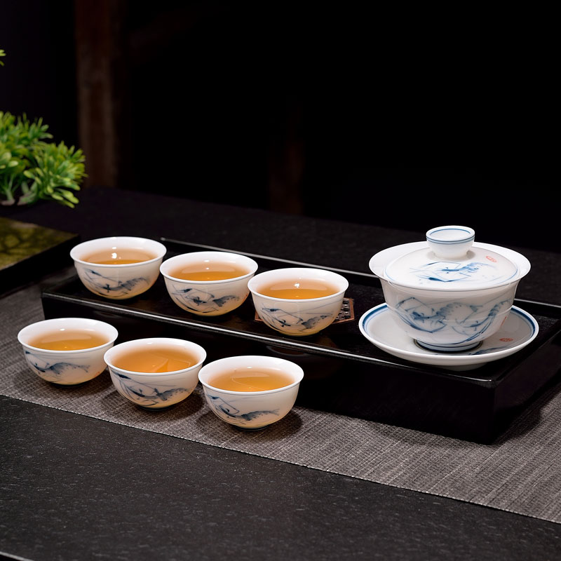 手绘羊脂玉功夫茶具套组创意现代简约家用陶瓷茶杯盖碗整套礼盒装