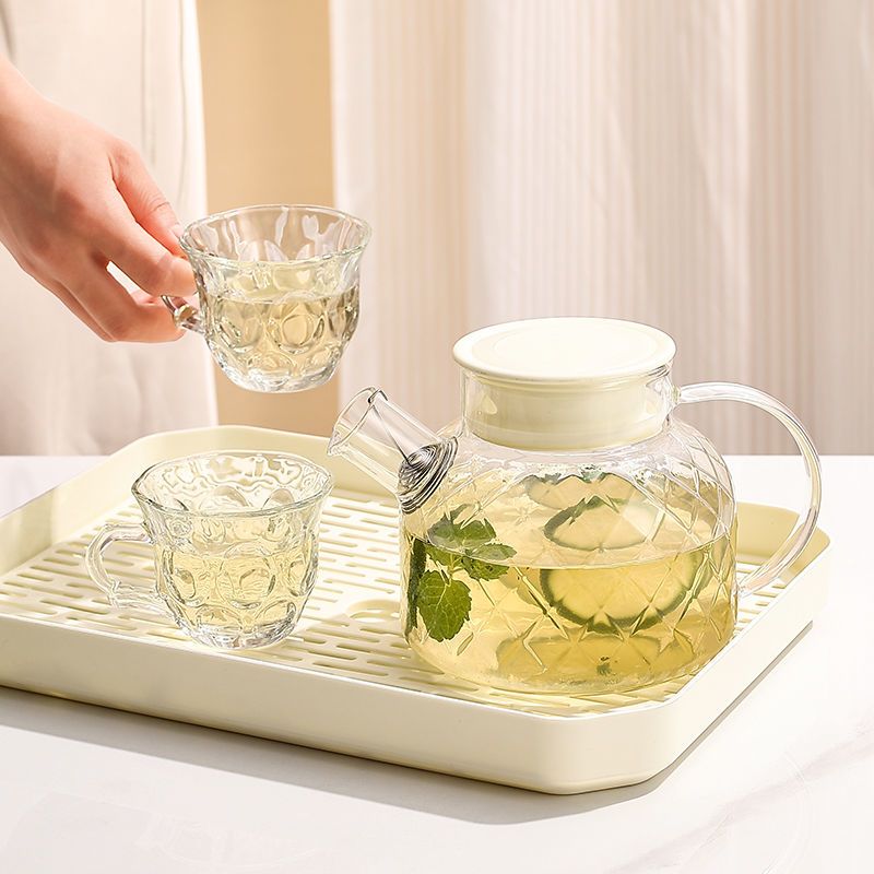 高颜值奶油风家用泡茶壶煮茶壶全套茶水杯冷水壶耐高温玻璃带托盘