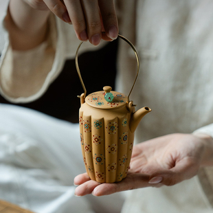 黄金段紫砂宝相花逸致提梁壶中式带提溜防烫泡茶壶功夫茶具单壶