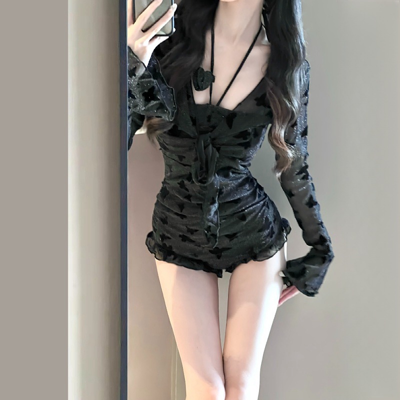 泳衣女2025新款爆款长袖连体防晒黑色性感蕾丝纯欲度假温泉游泳装