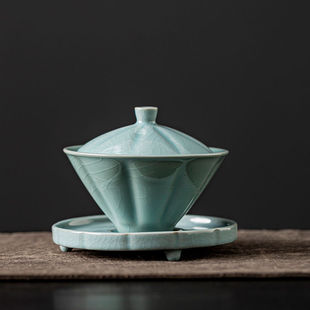 米黄汝窑斗笠三才盖碗功夫茶具茶碗高档家用可养开片陶瓷茶盏茶碗
