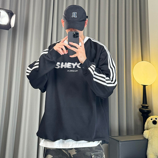嘻哈街头三条杠卫衣秋冬季圆领时尚套头外套oversize男款长袖上衣