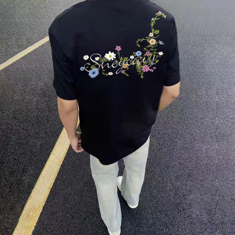 美式高街花卉印花字母短袖t恤男图片