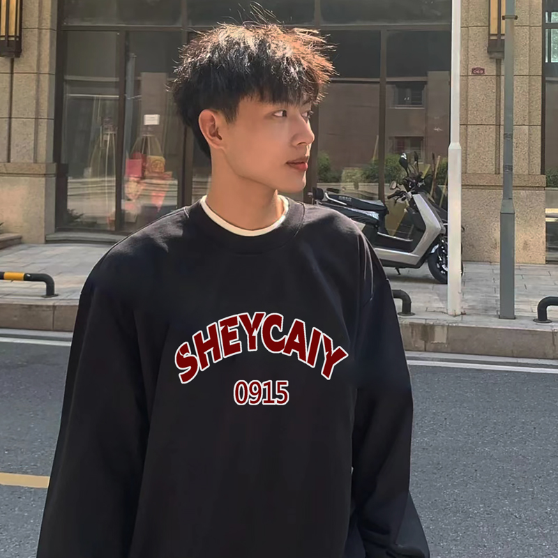 美式街头潮牌圆领卫衣男无帽上衣