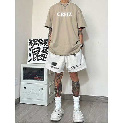美式高街运动短裤男夏季hiphop潮牌百搭字母印花宽松直筒休闲裤子
