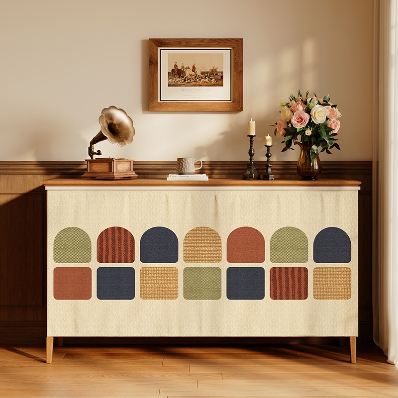 美式简约柜子遮挡帘免打孔遮丑帘柜门遮挡帘子橱柜杂物布帘挂布