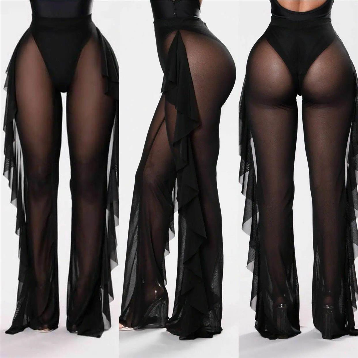 New Sexy Ruffle Women Beach Mesh Pants Sheer Wide Leg Pants