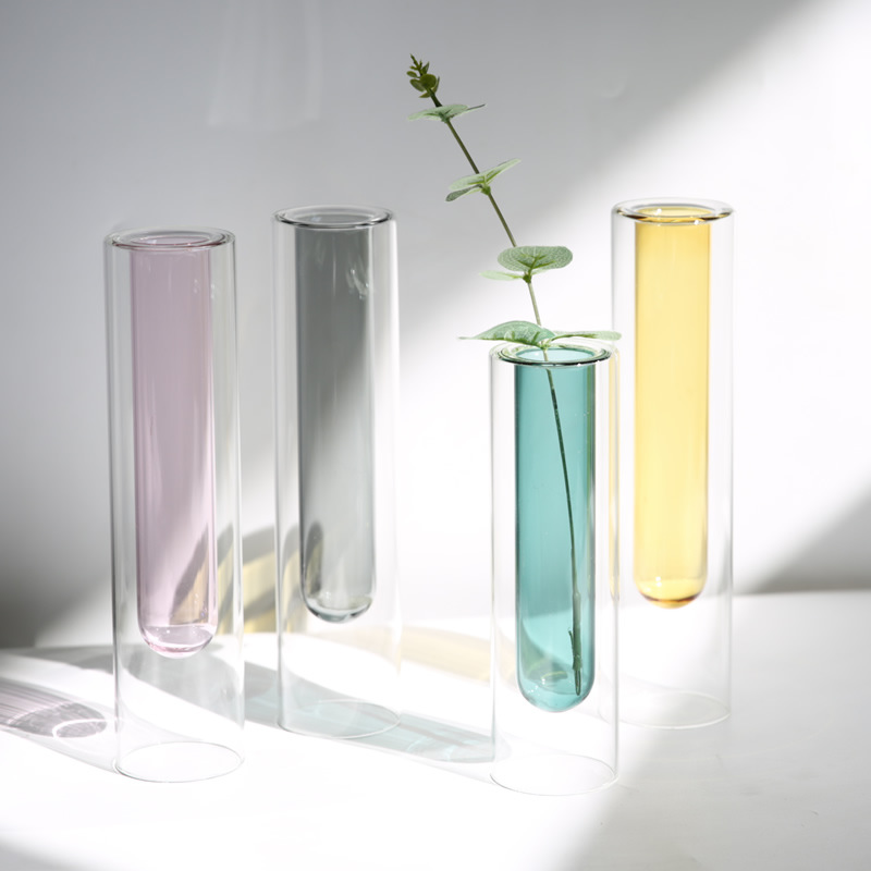 2023ins北欧双层彩色玻璃花瓶创意透明试管花器个性花艺百搭家居