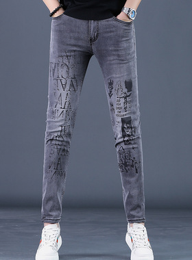 FH秋冬新款高端灰色印花男士牛仔裤2025修身小脚韩版休闲百搭长裤