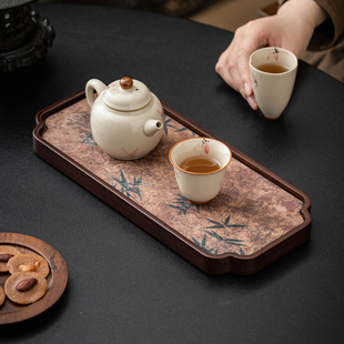 霜语实木壶承茶道托盘长方竹报平安茶盘干泡台新中式茶壶盖碗底座