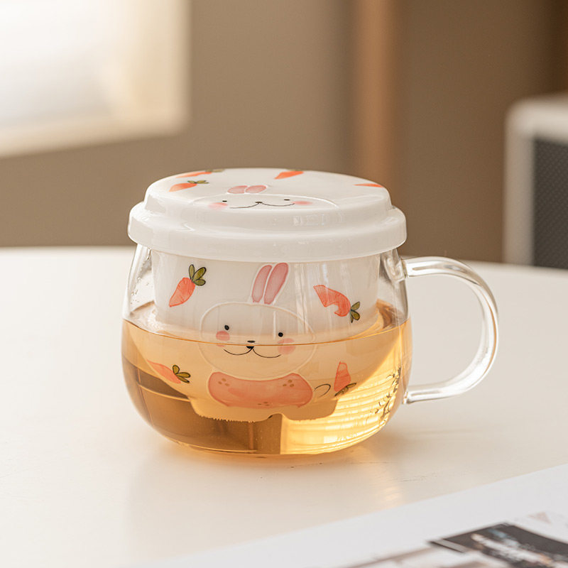 兔子泡茶杯玻璃杯家用办公带盖子茶水分离杯高颜值女士专用喝水杯