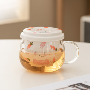 兔子泡茶杯玻璃杯家用办公带盖子茶水分离杯高颜值女士专用喝水杯