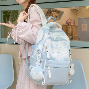 蓝色书包初中女生高颜值ins旅行背包2026新款高中生大容量双肩包