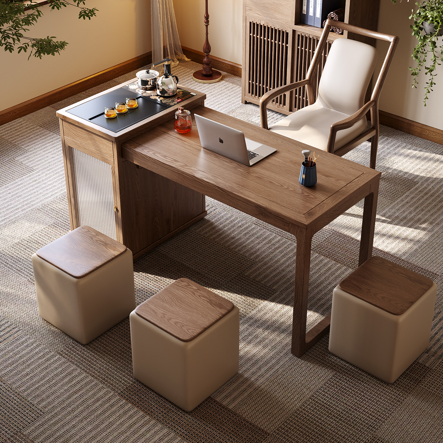 高级感白蜡木伸缩茶桌椅组合