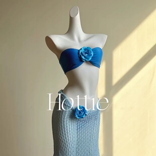 泰国氛围感蓝色针织罩衫 花朵抹胸比基尼三件套海岛度假温泉泳衣女