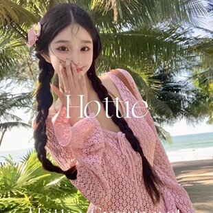 泰国粉色镂空连衣长裙温泉比基尼三件套海边温泉度假拍照分体泳衣