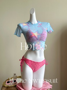 芭比粉bikini三件套性感辣妹沙滩泳池度假泳衣比基尼 美式 甜心