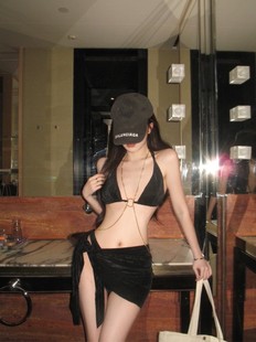 链条黑色性感辣妹分体比基尼泳衣bikini三件套温泉度假 雅典娜
