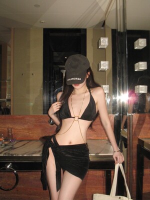 【雅典娜】链条黑色性感辣妹分体比基尼泳衣bikini三件套温泉度假