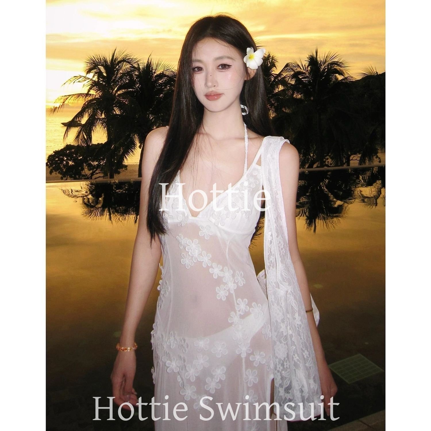 小众高级感白色立体花朵分体比基尼海岛度假性感显瘦绝美长裙泳衣