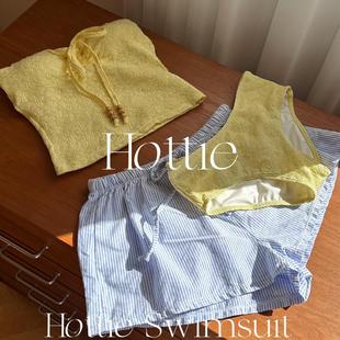 纯欲少女黄色抹胸bikini三件套温泉沙滩度假分体泳衣沙滩短裤 泳装