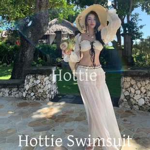 超仙海岛度假纯欲沙滩裙一字肩遮肉显瘦小胸性感ins拍照好看泳衣