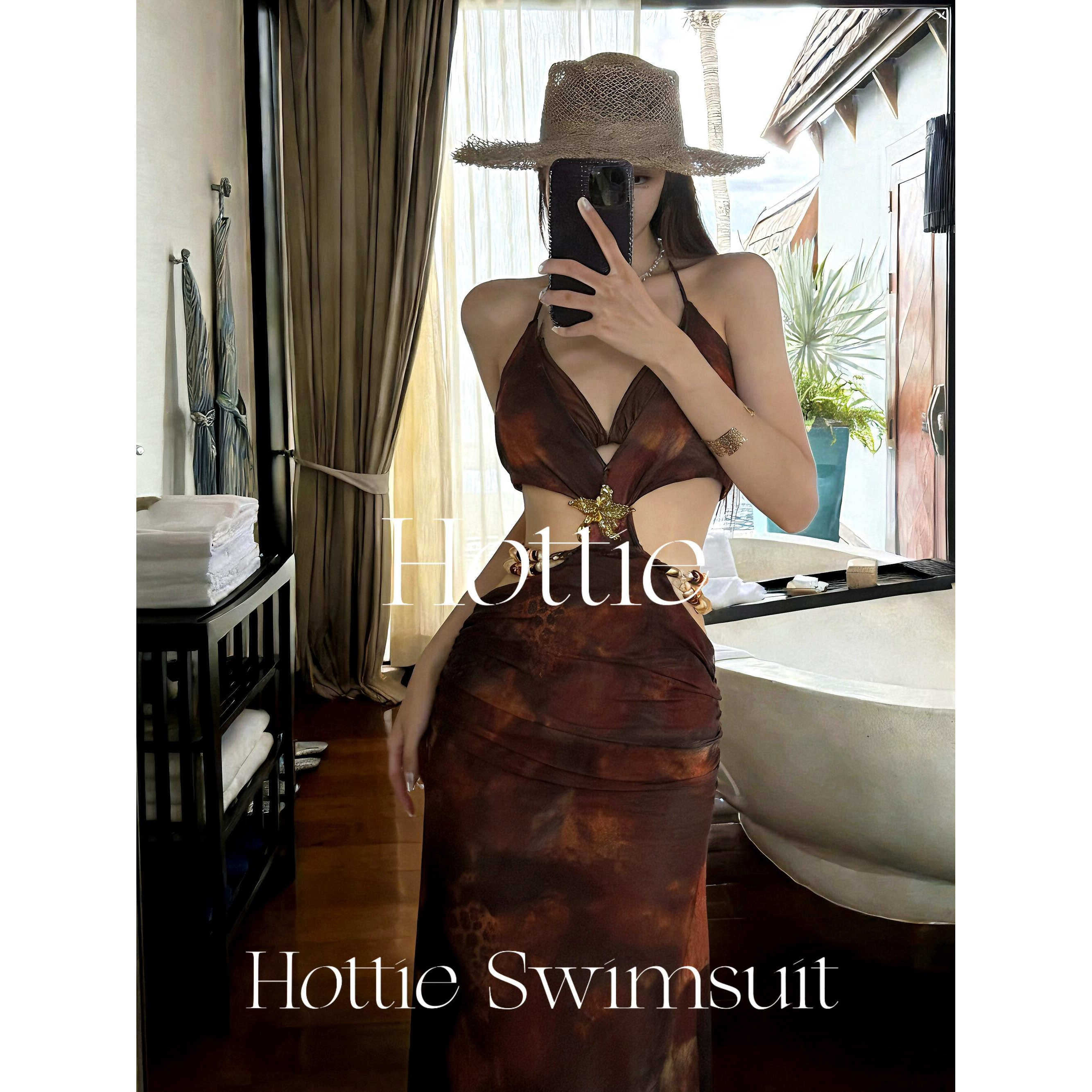 复古晕染度假风露背性感修身沙滩裙bikini三件套海岛度假泳衣女