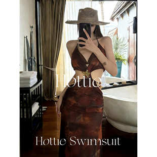 复古晕染度假风露背性感修身 沙滩裙bikini三件套海岛度假泳衣女