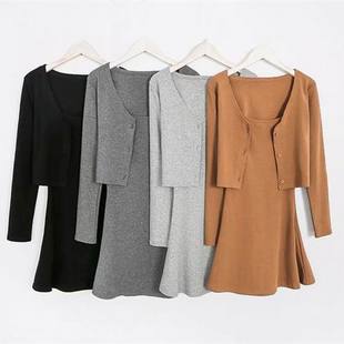 欧美ins潮款螺纹吊带连衣裙两件套女春夏修身显瘦纽扣开衫套装裙