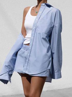 欧美风夏季宽松衬衫短裤套装Loose fitting shirt and shorts set