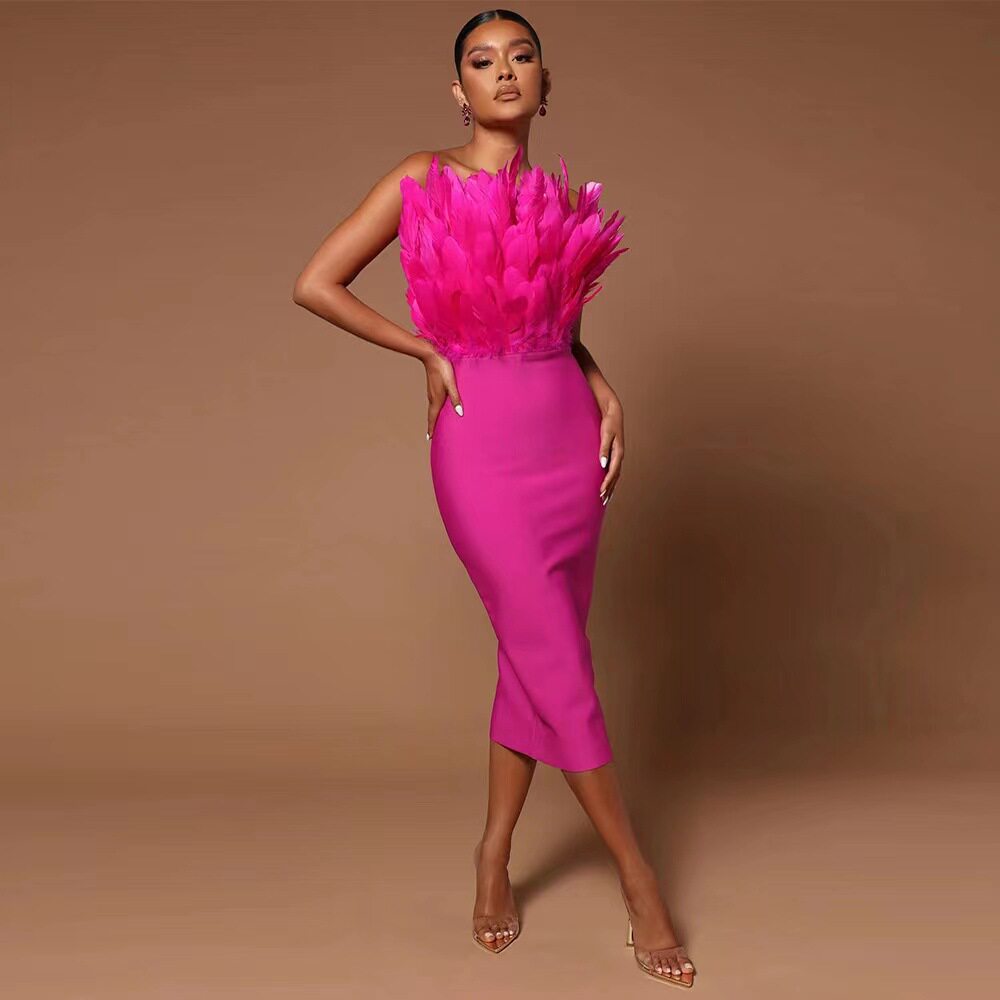 欧美时尚礼服抹胸羽毛高端气质绷带连衣裙女Women evening dress