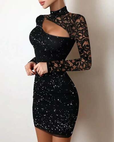 蕾丝镂空撒粉紧身裙Glitter Contrast Lace Cutout Bodycon Dress
