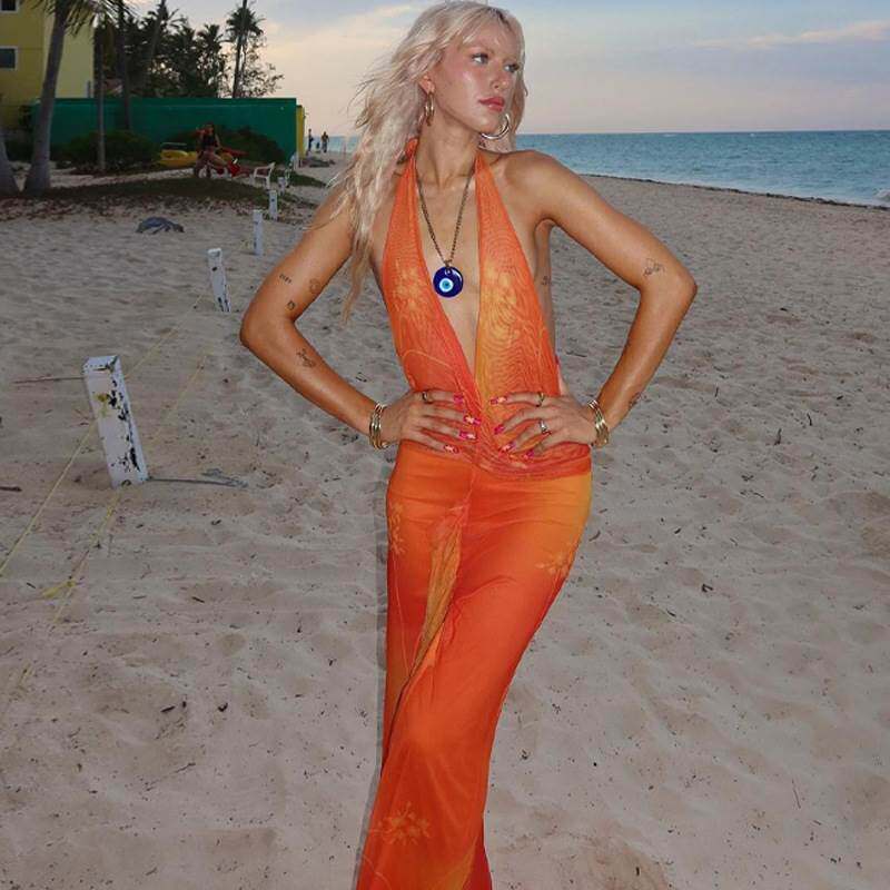 过渡性感海边度假风珊瑚红深V领挂脖露背party海带长裙开叉连衣裙