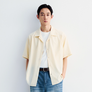 MOSEALAND莱赛尔亚麻混纺衬衫休闲风亲肤透气古巴领短袖开衫男装