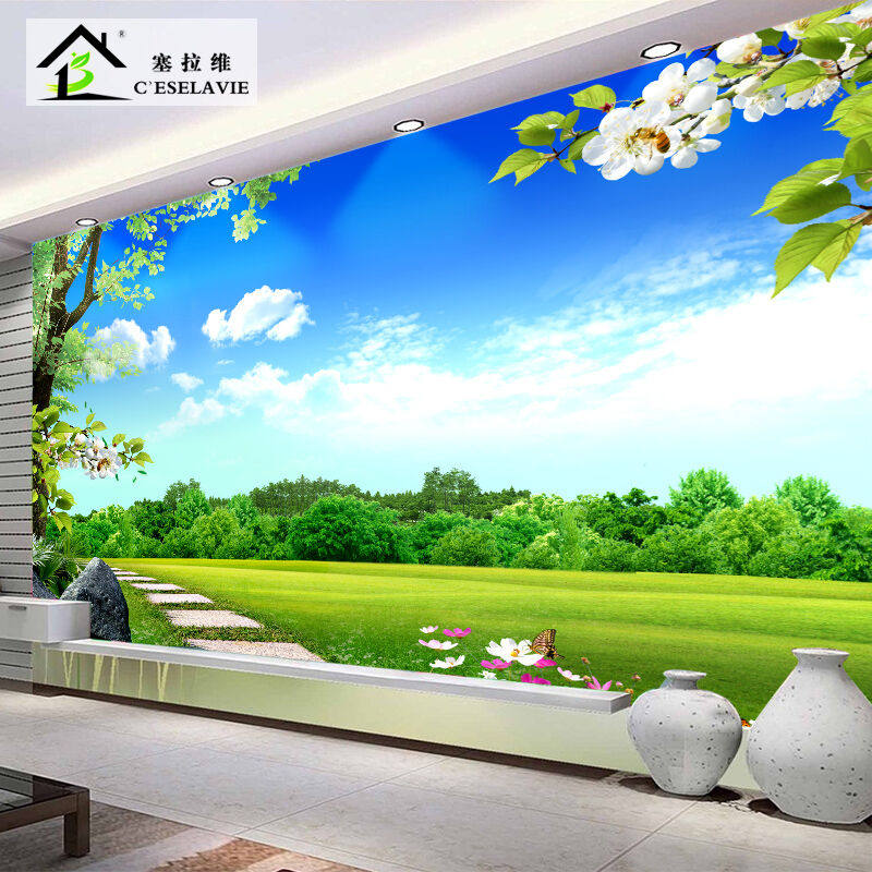 塞拉维墙纸壁纸电视背景墙定制蓝天白云3D风景画现代简约客厅影视