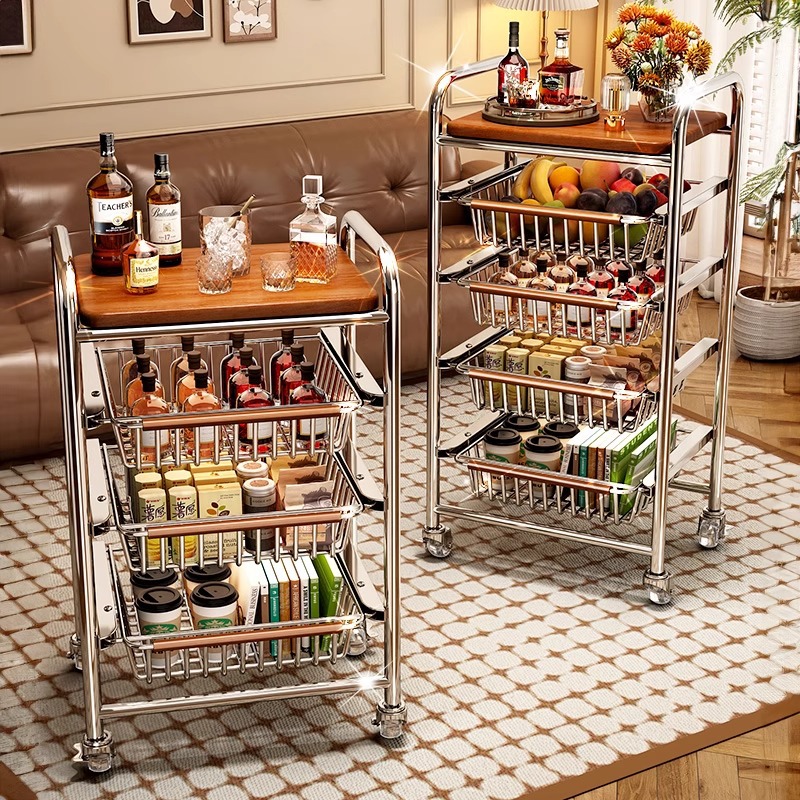 中古风夹缝小推车置物架多层客厅零食果蔬厨房菜篮子可移动收纳柜