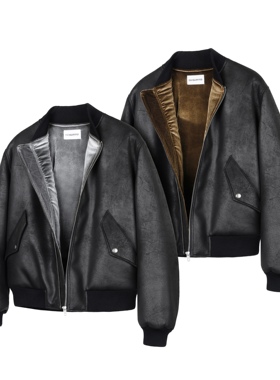 DESERTO 霜冻裂纹皮天鹅绒丝绒内里PU皮Bomber秋冬棉服夹休闲夹克