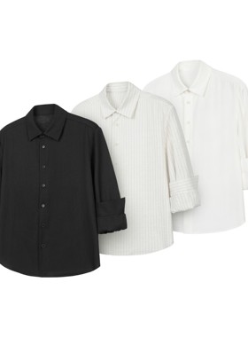 DESERTO 天丝亚麻混纺天然果实扣七分袖卷袖条纹基础休闲纯色衬衫