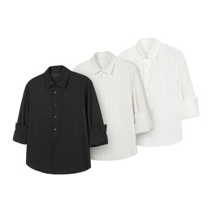 DESERTO 天丝亚麻混纺天然果实扣七分袖卷袖条纹基础休闲纯色衬衫