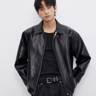 DESERTO 纹收腰气球夹克外套男 PU油蜡皮编织皮领拼接皮衣巴恩风格