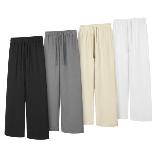 男 休闲裤 DESERTO 70%亚麻棉麻混纺老钱风A字宽松通勤松紧飘带西裤