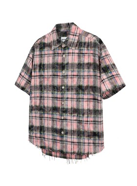 DESERTO 做旧毛边晕染洗褪Vintage脏粉全棉格纹休闲宽松短袖衬衫