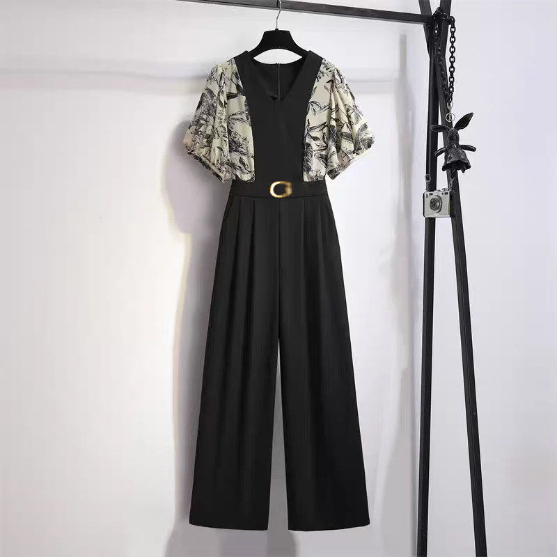 2026春季新款高级感连体裤女减龄显瘦印花拼接连体衣阔腿裤D1194