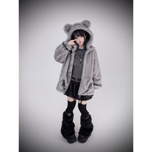 萌宅系可爱老鼠毛绒上衣秋冬新款毛毛亚比暗黑朋克皮扣小众短外套