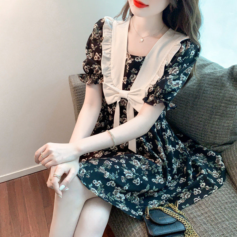 2026春季新款巴黎少女法式海军领黑色碎花连衣裙蝴蝶结裙子8150