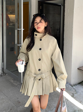 韩系风衣慵懒风2025秋季新款卡其色立领收腰外套中长款530840