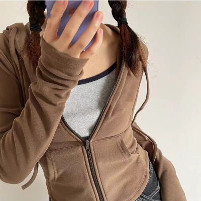 德绒辣妹风连帽开衫卫衣外套女春秋季修身收腰显瘦长袖短款上衣潮