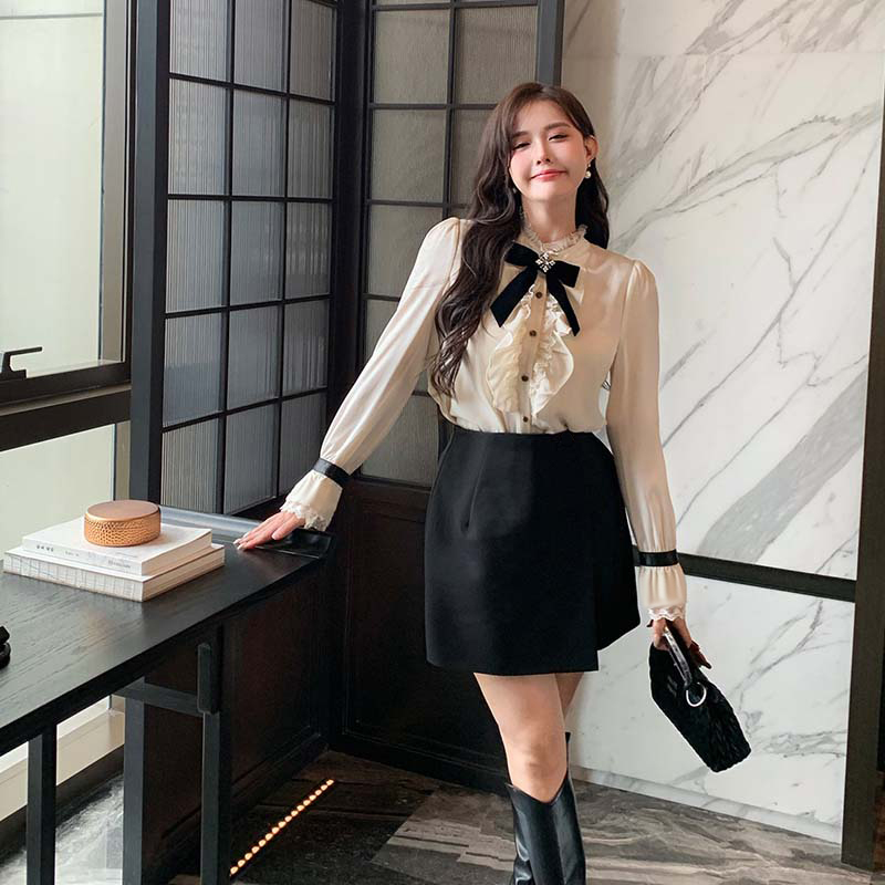 【送领结】2025早秋季新款两件套蕾丝拼接衬衫上衣高腰裤裙D3477