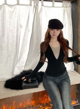 （现货）秋冬季新款网纱拼接T恤打底衫D4471