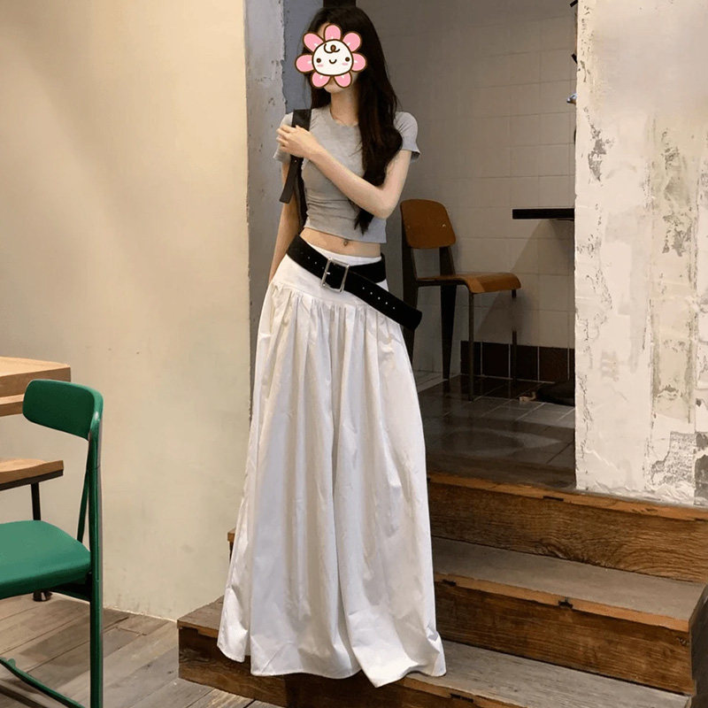 甜酷辣妹装新款夏季高腰修身白色半身裙通勤显瘦设计感a字长裙